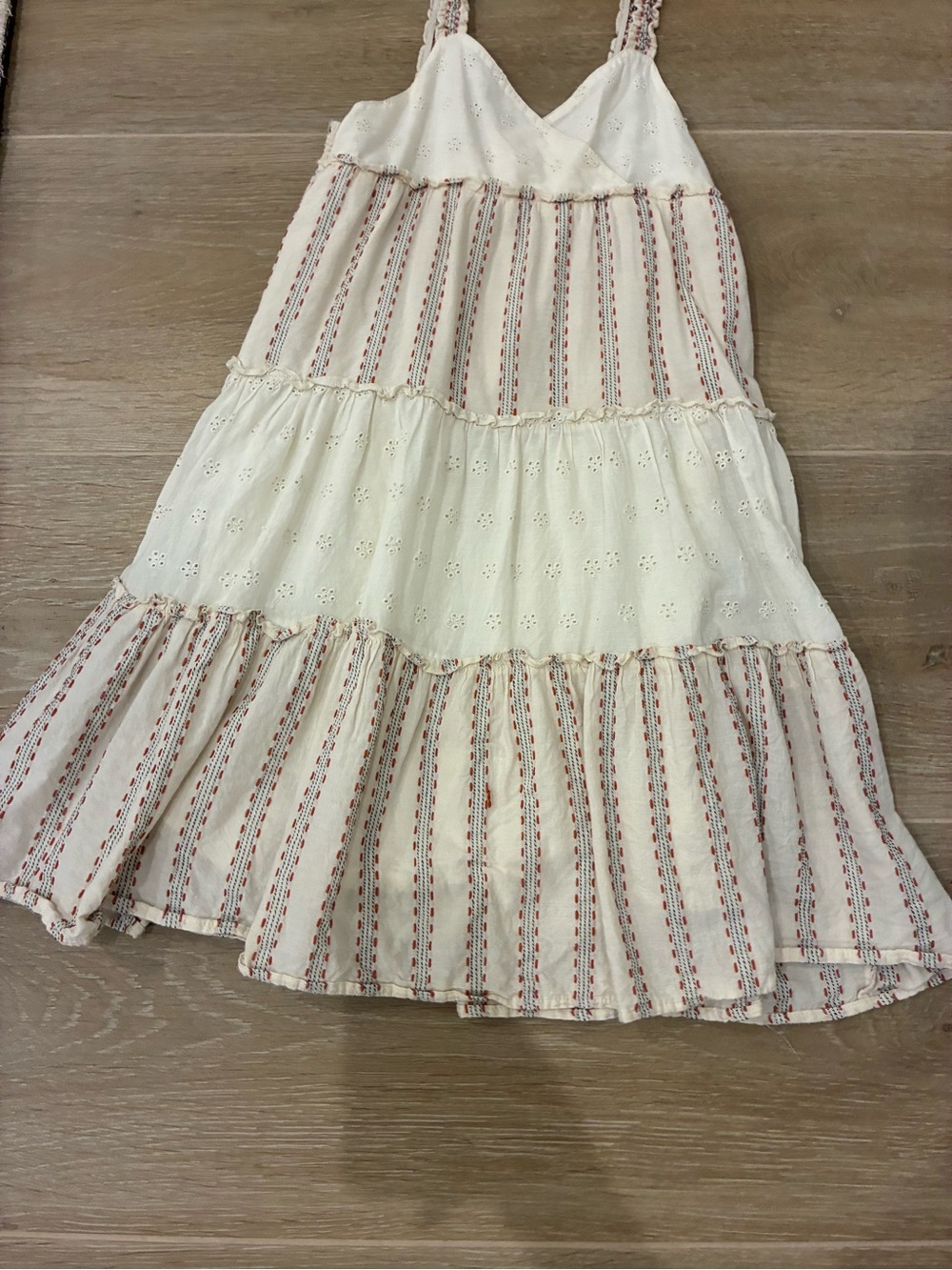 Zara Cream Tiered Eyelet Dress with Red Stripe Accents